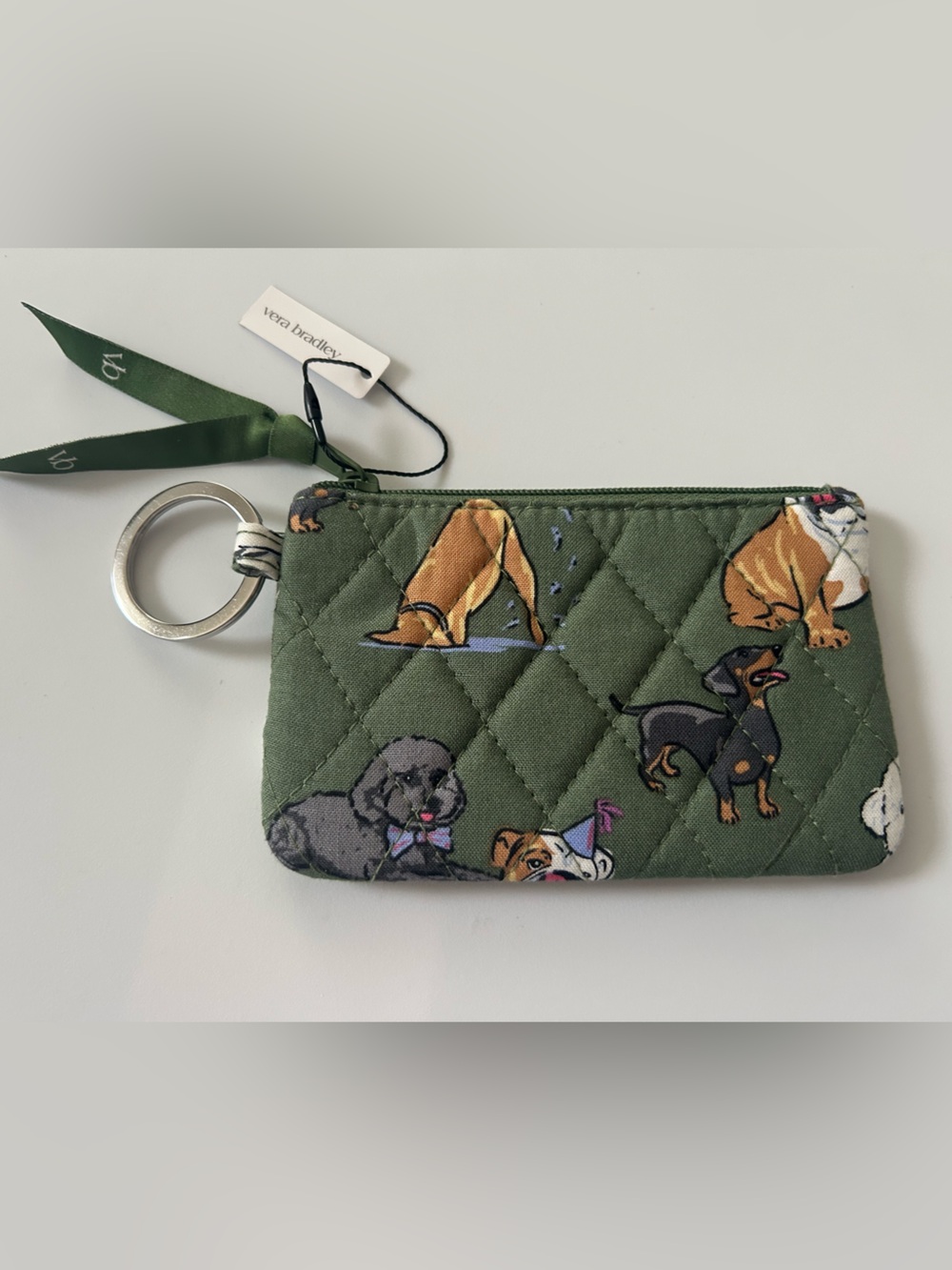 Vera Bradley Dog Park Quilted Cotton Zip ID Case Keychain Wallet Olive NWT